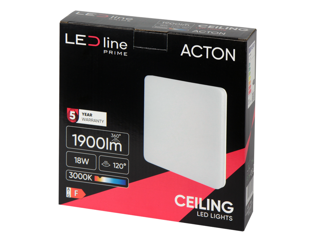 Plafondlamp ACTON 3000K 18W 1900lm vierkant IP54 wit PRIME