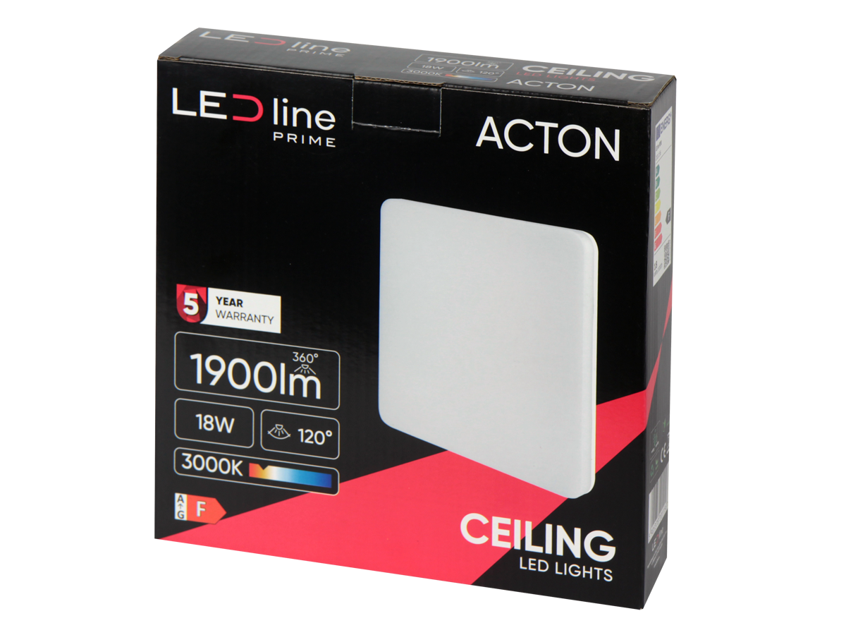 Plafondlamp ACTON 3000K 18W 1900lm vierkant IP54 wit PRIME