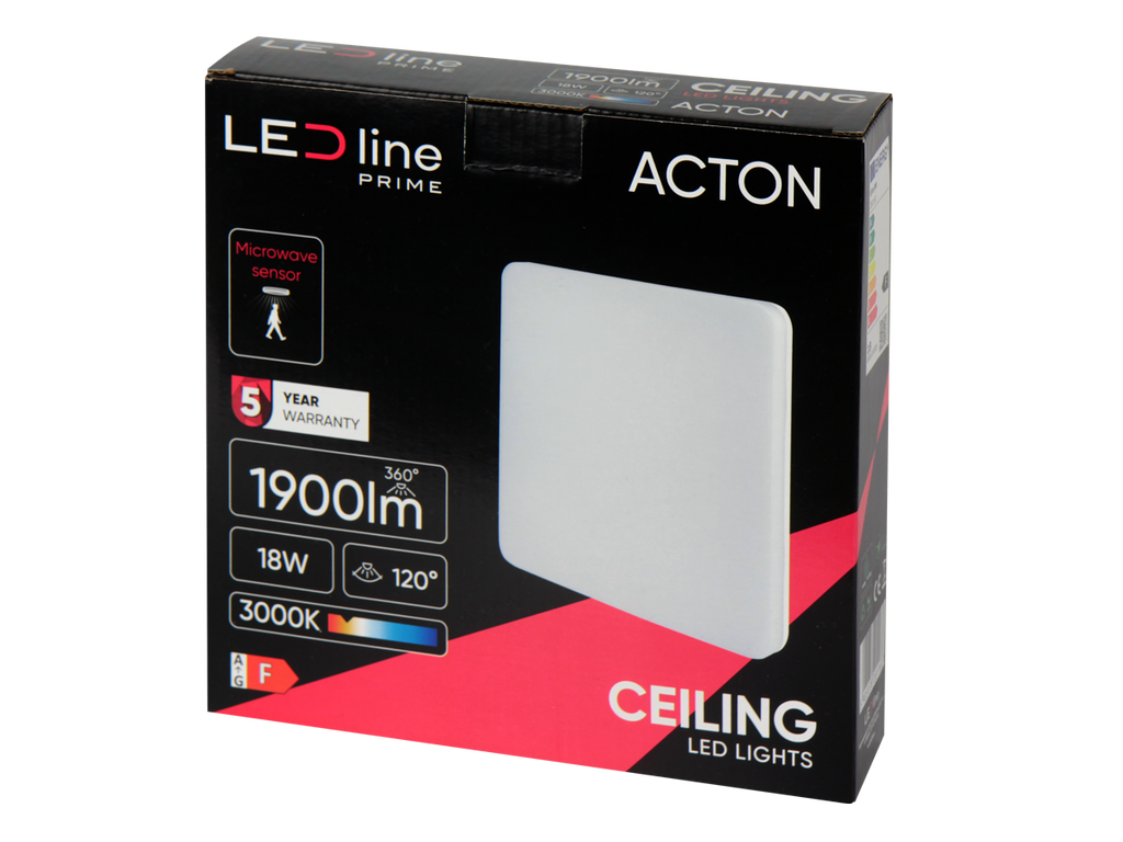 plafondlamp ACTON 3000K 18W 1900lm vierkant IP54 wit PRIME bewegingssensor