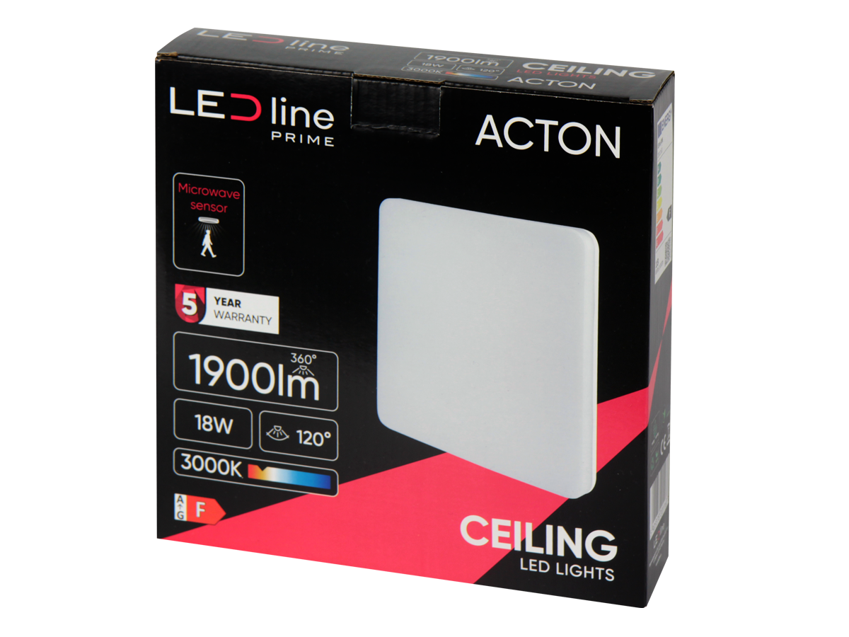 plafondlamp ACTON 3000K 18W 1900lm vierkant IP54 wit PRIME bewegingssensor