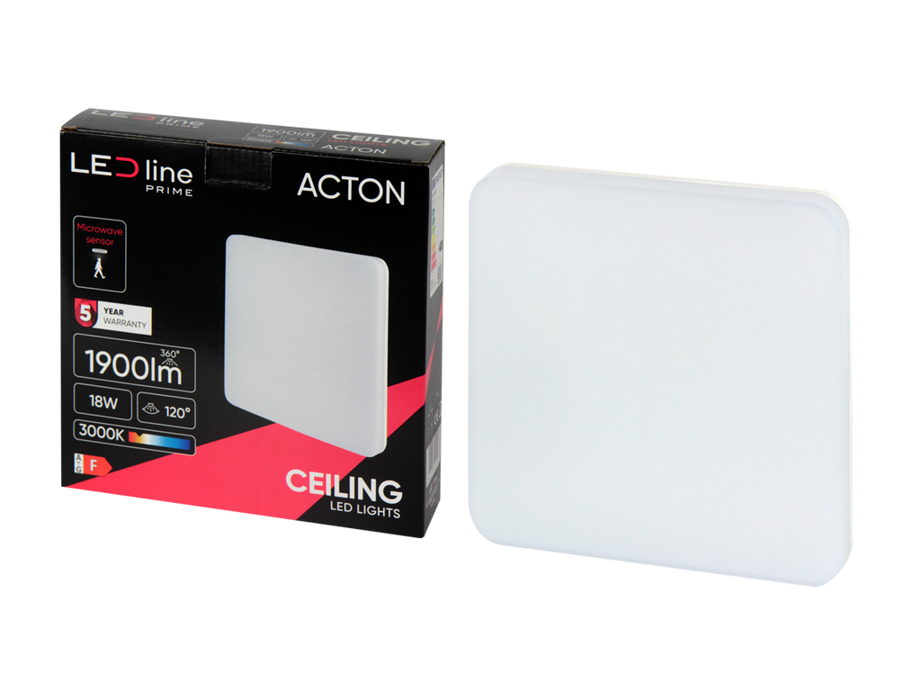 plafondlamp ACTON 3000K 18W 1900lm vierkant IP54 wit PRIME bewegingssensor