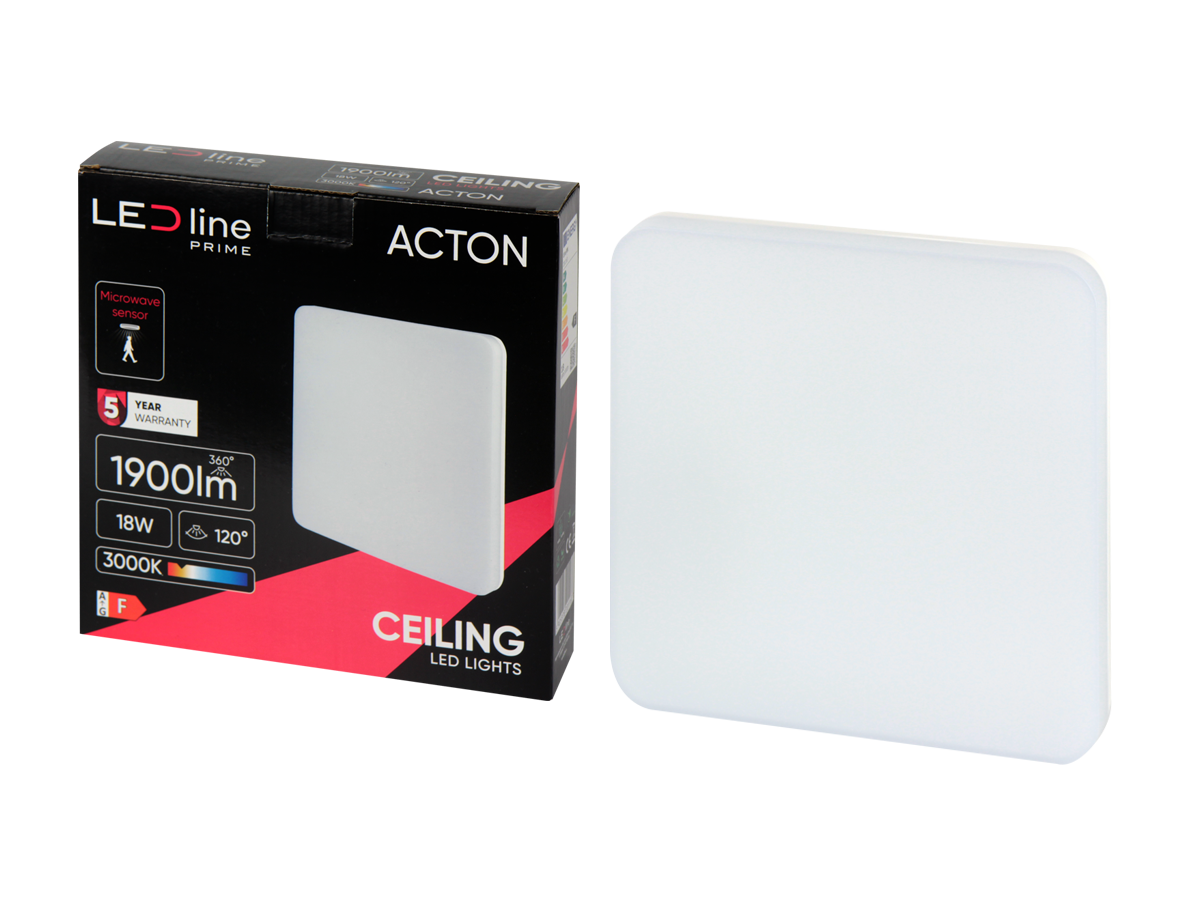plafondlamp ACTON 3000K 18W 1900lm vierkant IP54 wit PRIME bewegingssensor