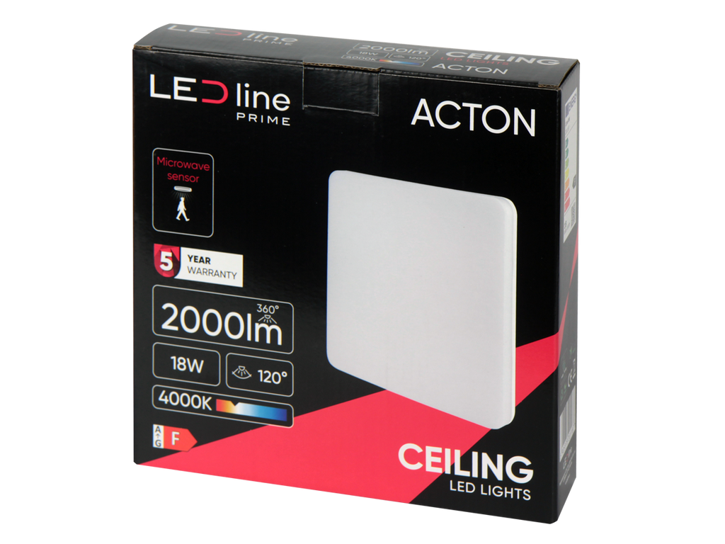plafondlamp ACTON 4000K 18W 2000lm vierkant IP54 wit PRIME bewegingssensor