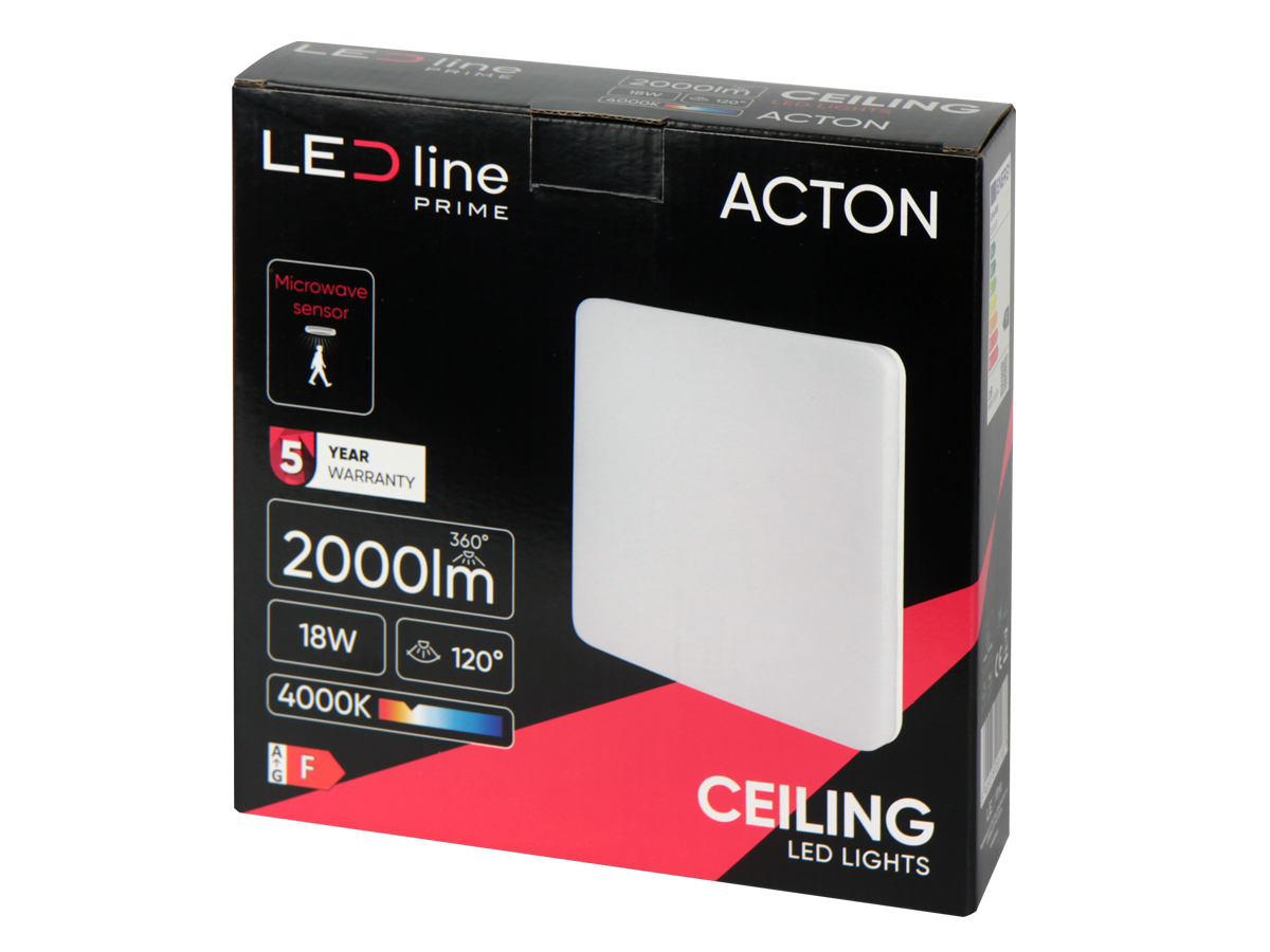 plafondlamp ACTON 4000K 18W 2000lm vierkant IP54 wit PRIME bewegingssensor