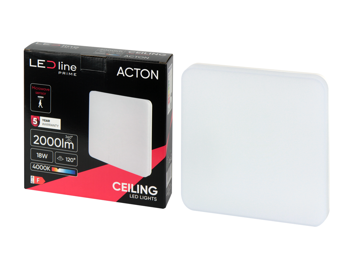 plafondlamp ACTON 4000K 18W 2000lm vierkant IP54 wit PRIME bewegingssensor