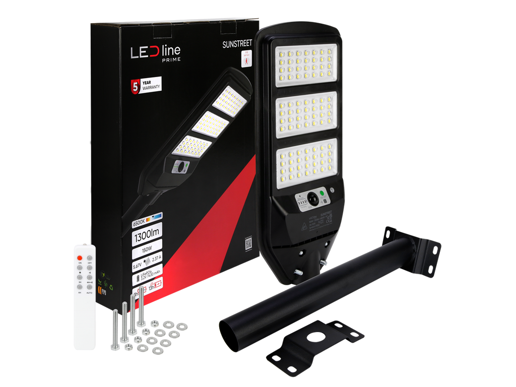 Solar straatlantaarn SUNSTREET 6500K 150W 1300lm IP54 zwart PRIME
