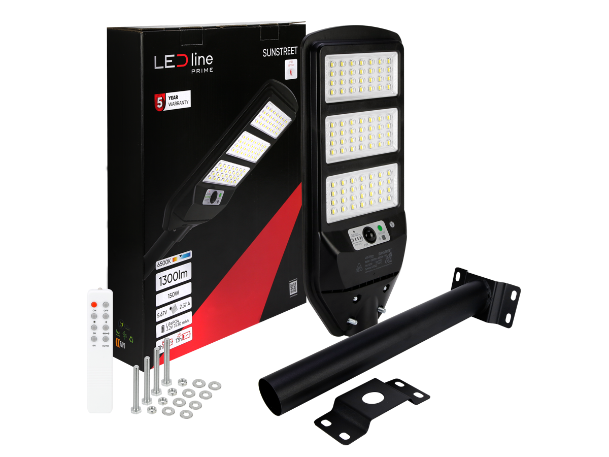 Solar straatlantaarn SUNSTREET 6500K 150W 1300lm IP54 zwart PRIME