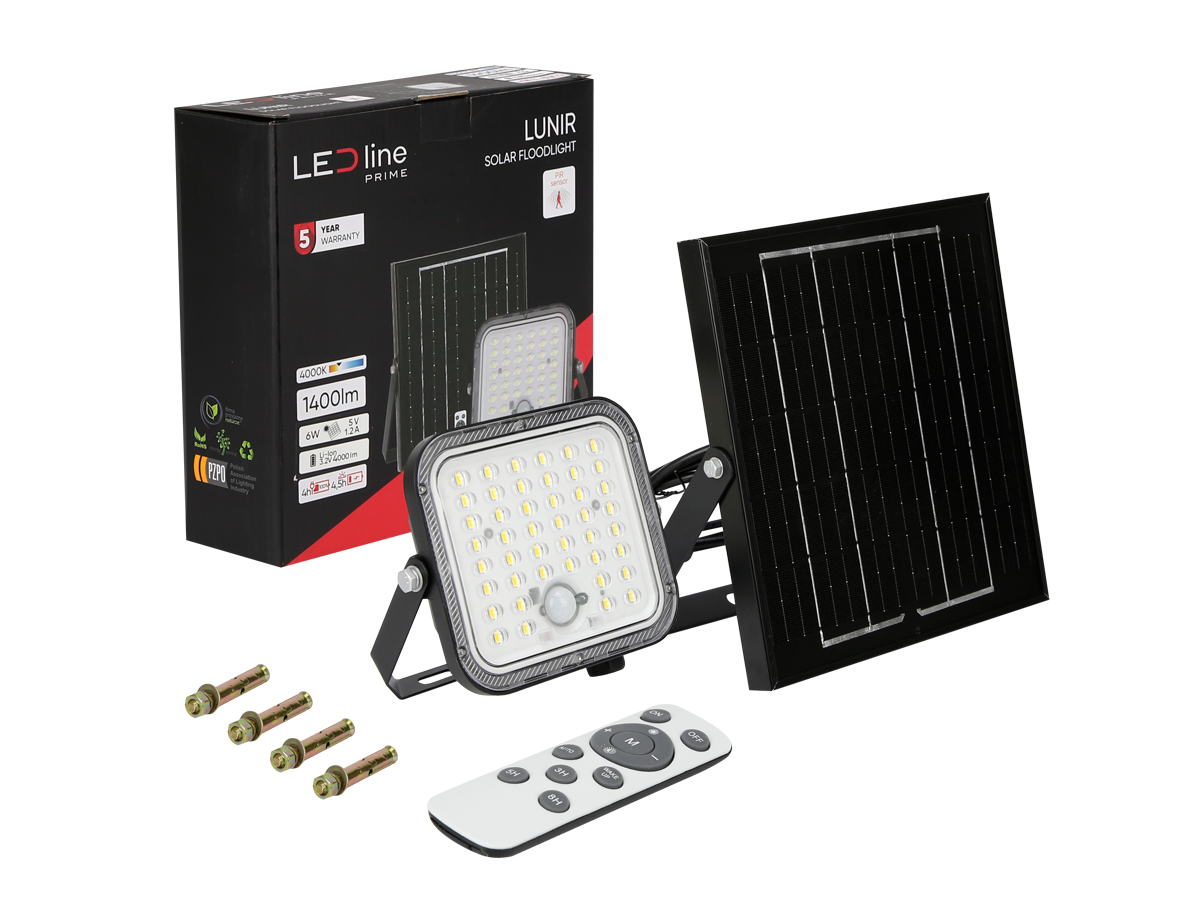 Solar schijnwerper LUNIR 4000K 50W 6W5V 1400lm IP65 zwart PRIME