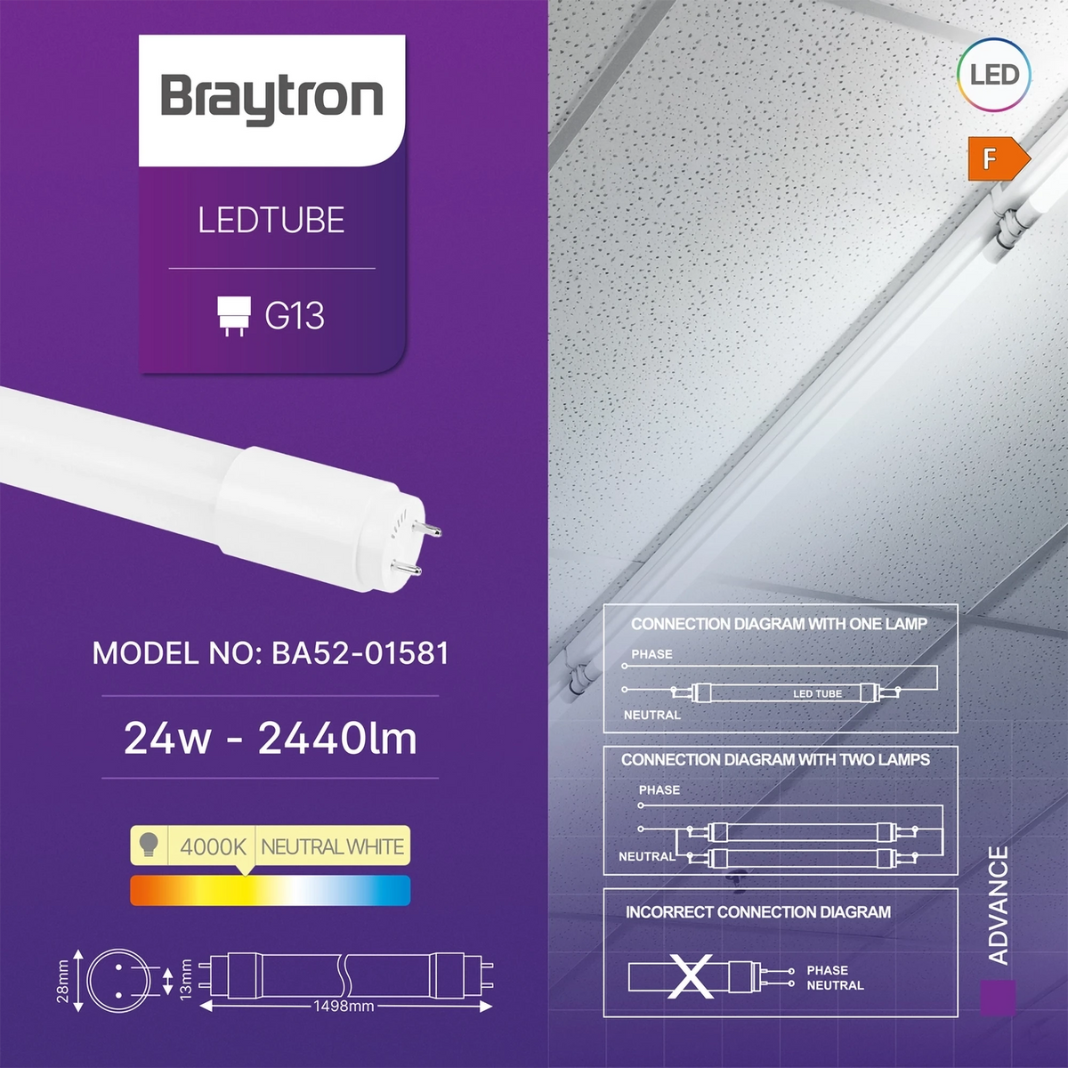Braytron Advance LED Buis 24W G13 4000K DB T8 GLS