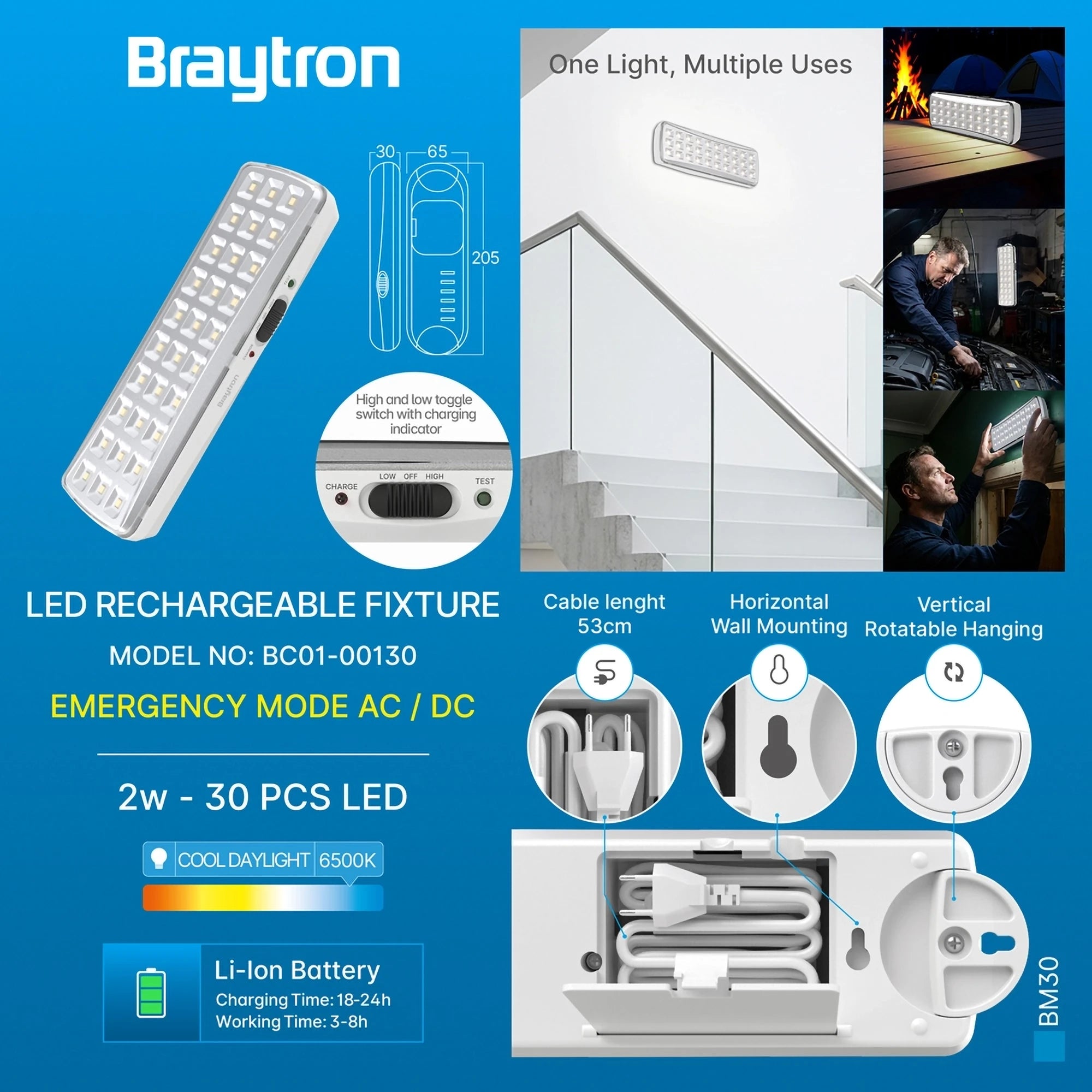 Braytron Bm30 Rechargeable Light 6500K Wit 30LED