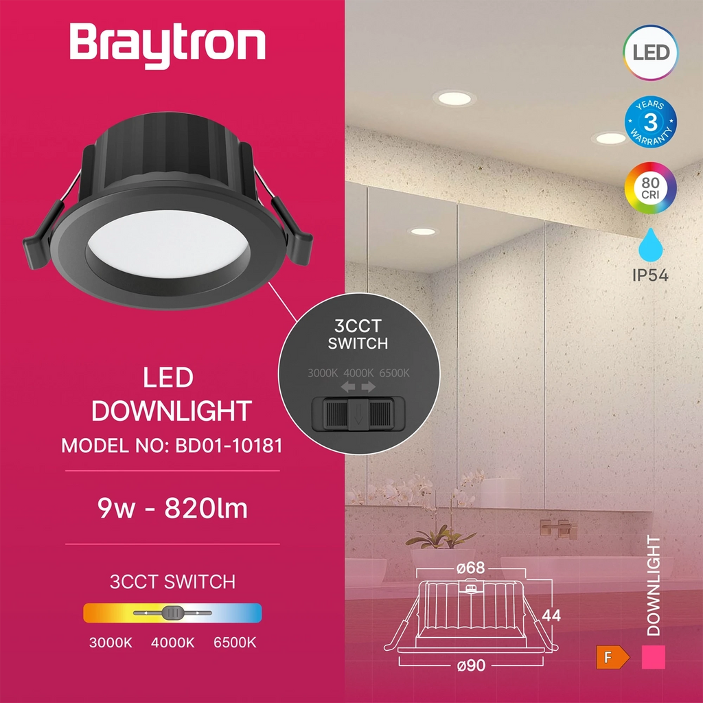 Braytron Downlight D90 Downlight 9W IP54 Zwart RND 3IN1
