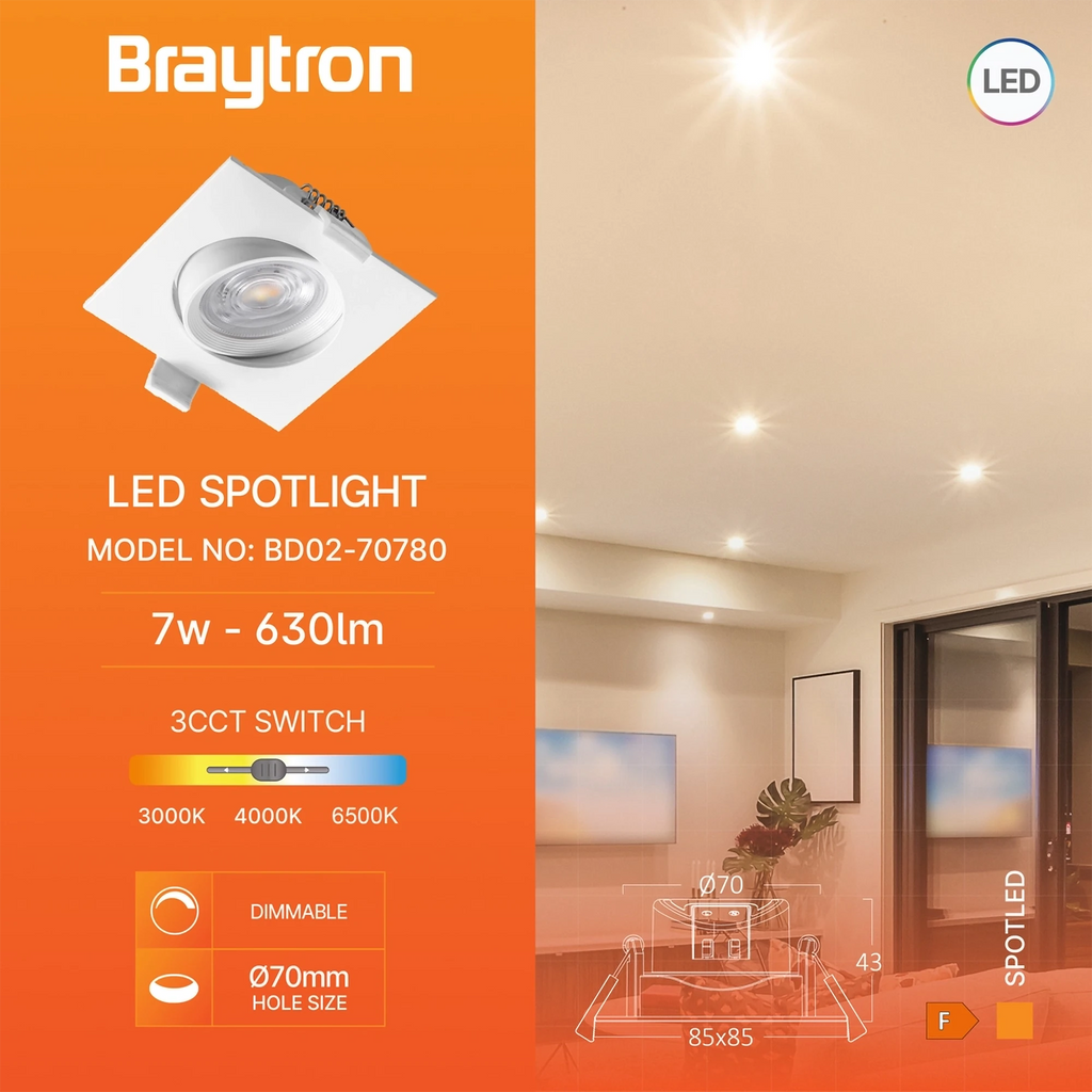 Braytron Spotled G3 LED Spot 7W Wit SQR DIM 3IN1