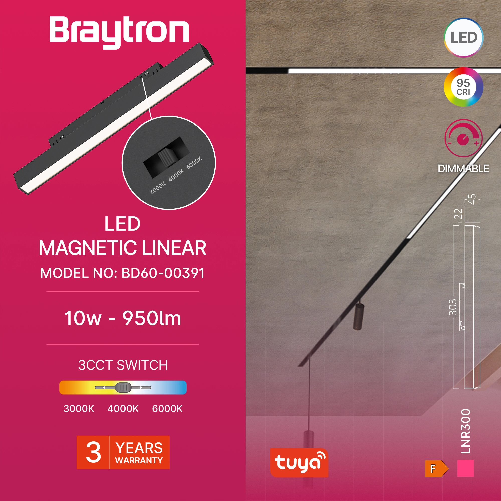 Braytron M20 Magneetrail Lineair 10W 48VDC Zwart LNR300 TUYA LAN