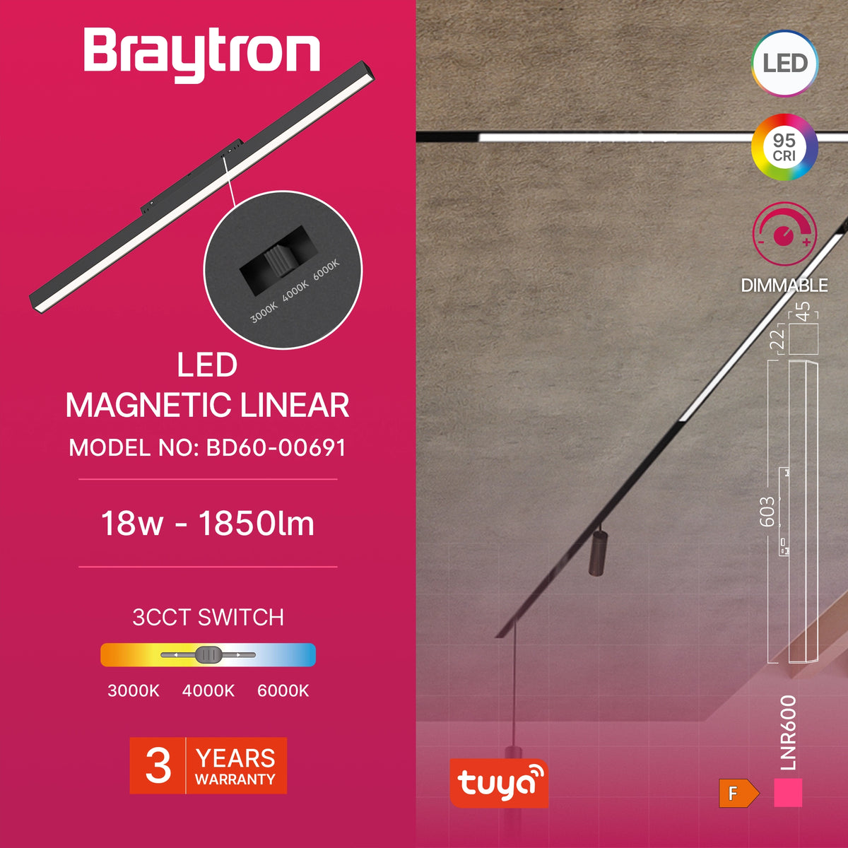 Braytron M20 Magneetrail Lineair 18W 48VDC Zwart LNR600 TUYA LAN