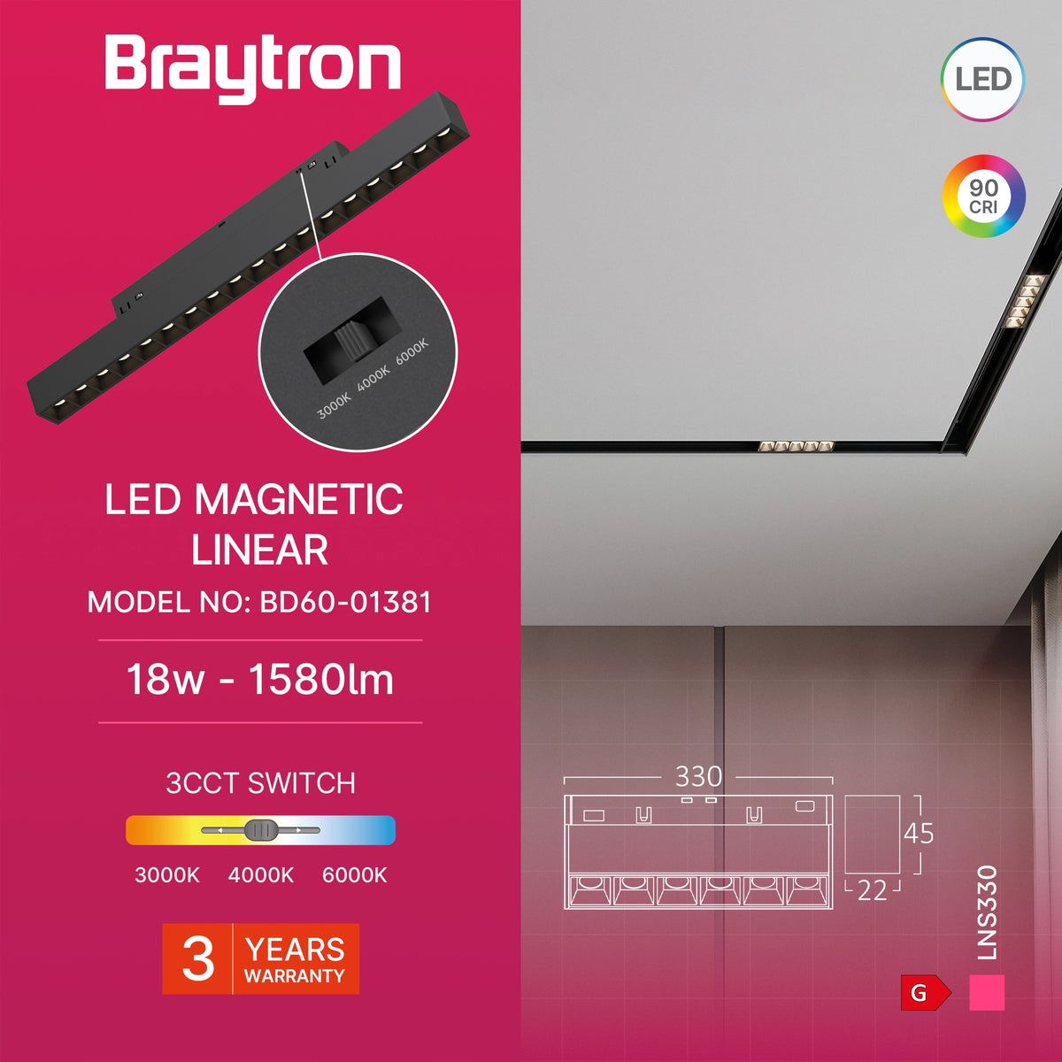 Braytron M20 Magneetrail Lineair 18W 48VDC Zwart LNS330 3IN1
