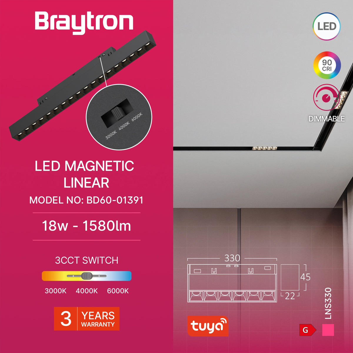 Braytron M20 Magneetrail Lineair 18W 48VDC Zwart LNS330 TUYA LAN