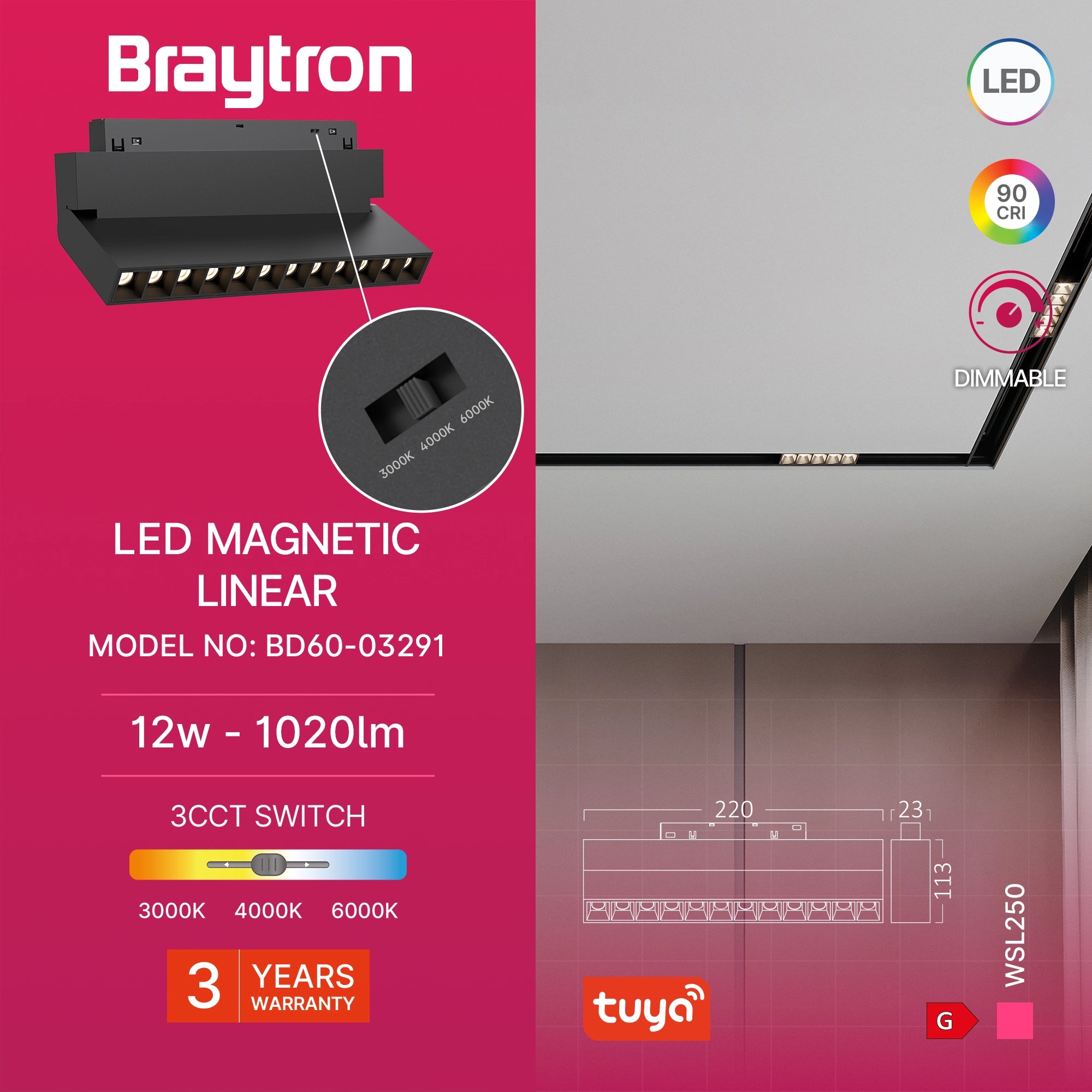 Braytron Wsl250 Magneetrail Lineair 12W 48VDC Zwart TUYA LAN