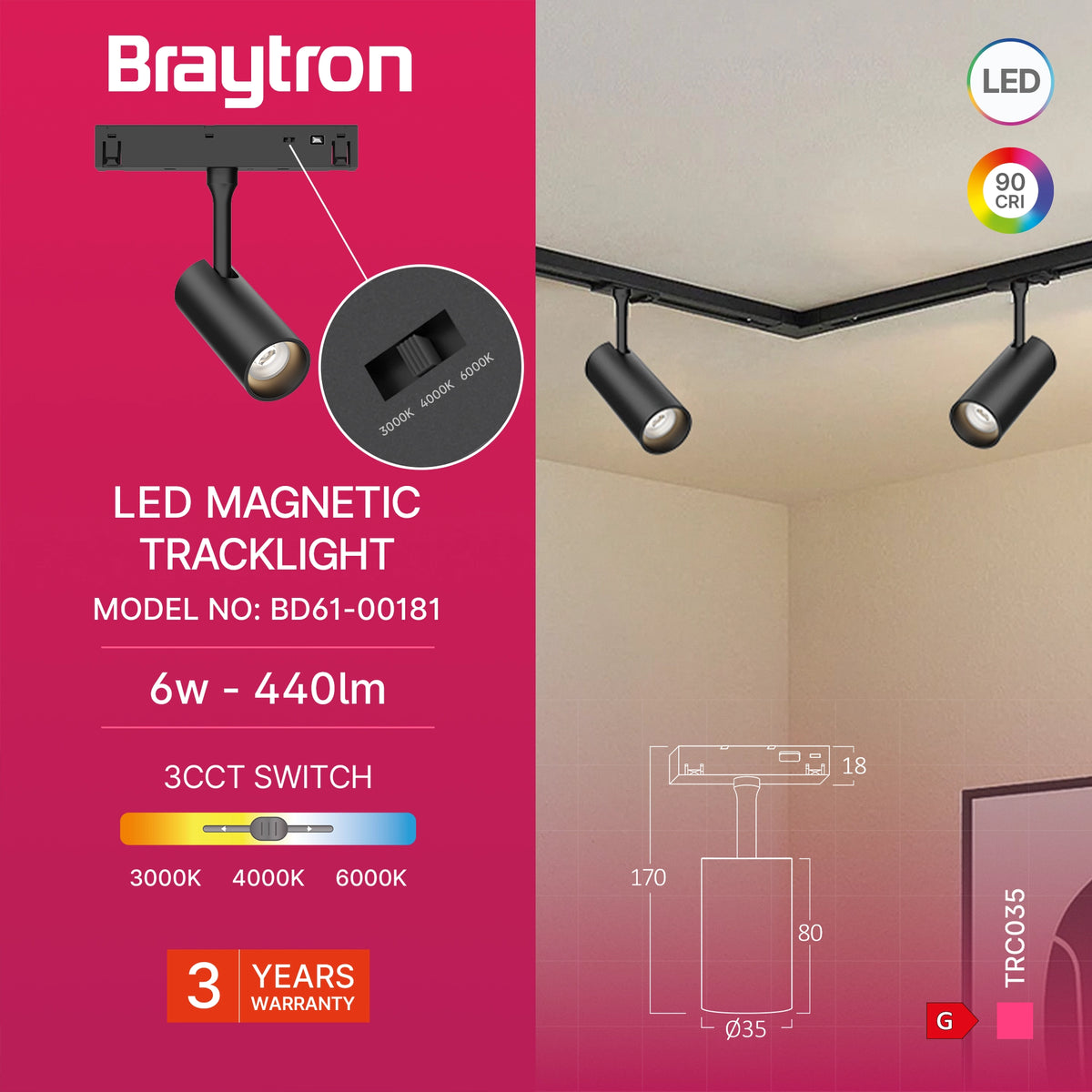 Braytron M20 Magneetrail-armatuur 6W 48VDC Zwart TRC035 3IN1