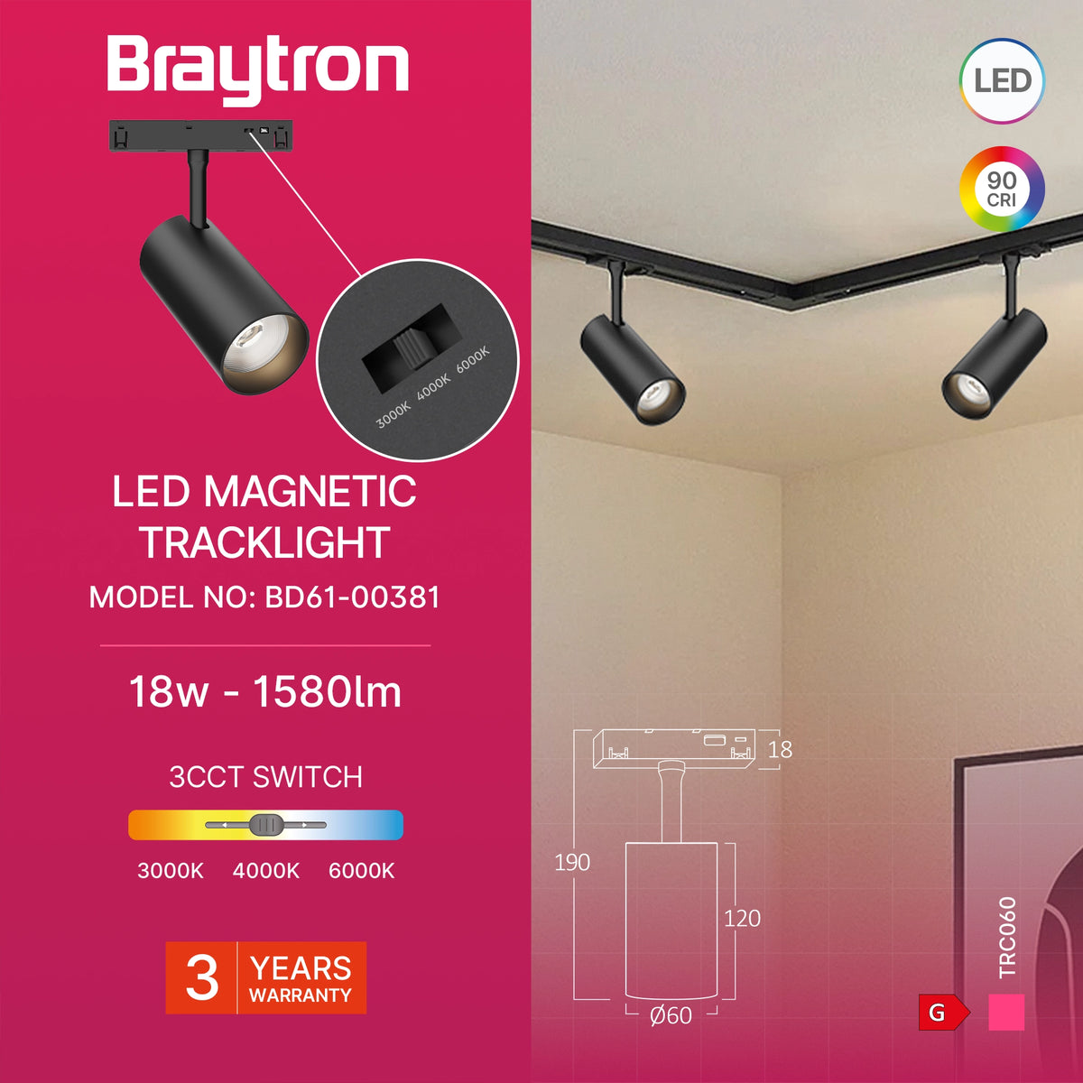 Braytron M20 Magneetrail-armatuur 18W 48VDC Zwart TRC060 3IN1