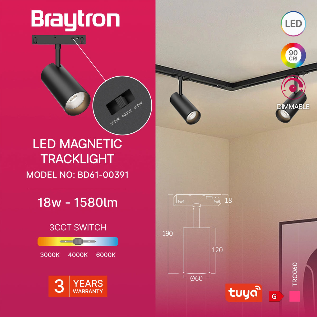 Braytron M20 Magneetrail-armatuur 18W 48VDC Zwart TRC060 TUYA LAN