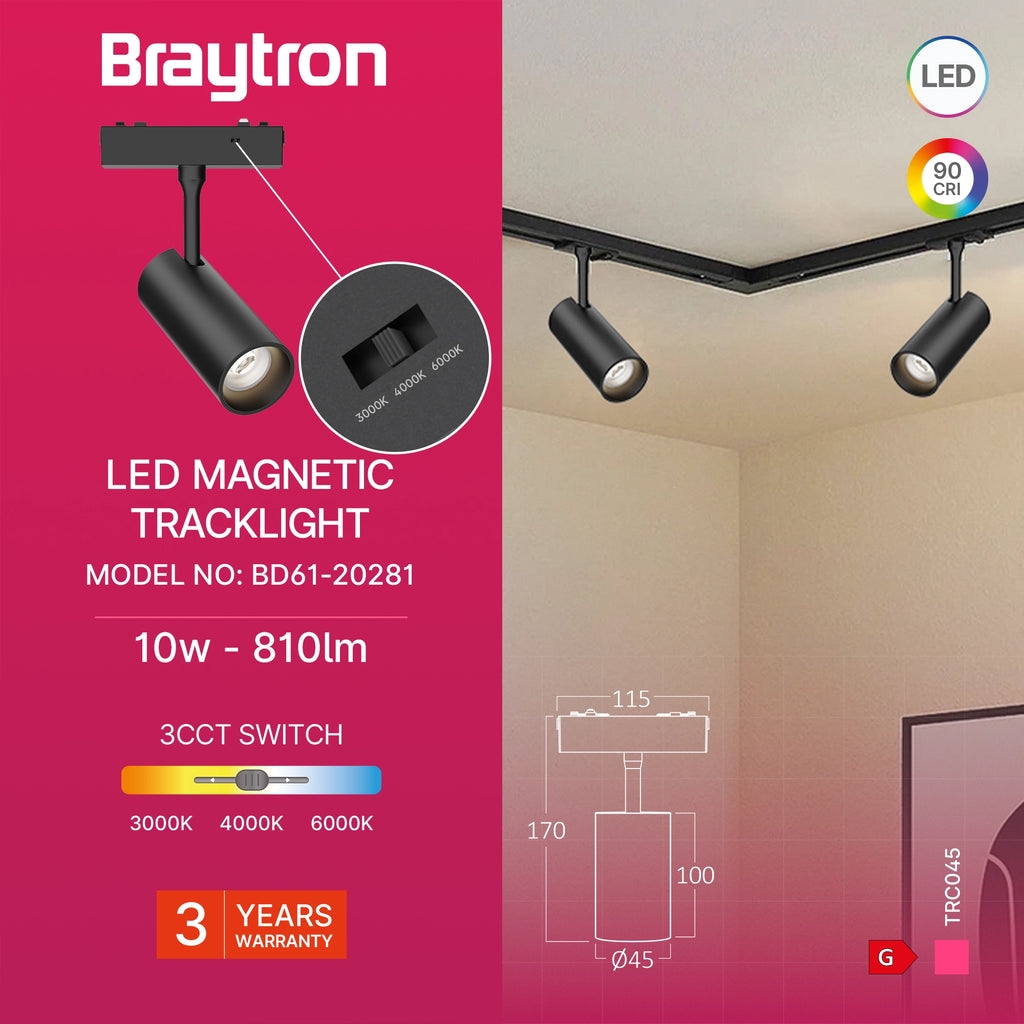 Braytron S20B Magneetrail-armatuur 10W 48VDC Zwart TRC045 3IN1