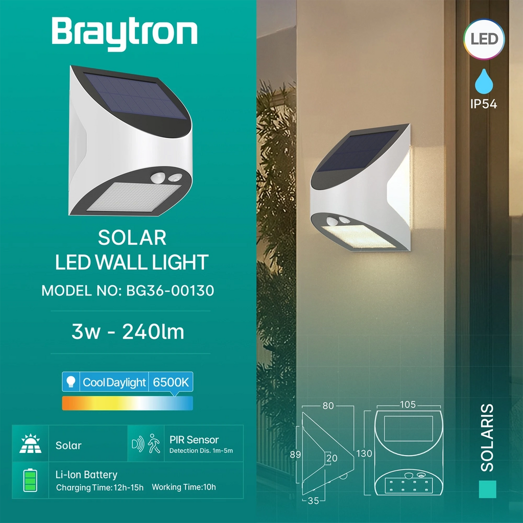Braytron Solaris Solar Wandlamp 3W 6500K IP54 Wit W1