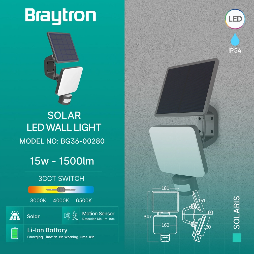 Braytron Solaris Solar Wandlamp 15W IP54 Zwart W2 3IN1