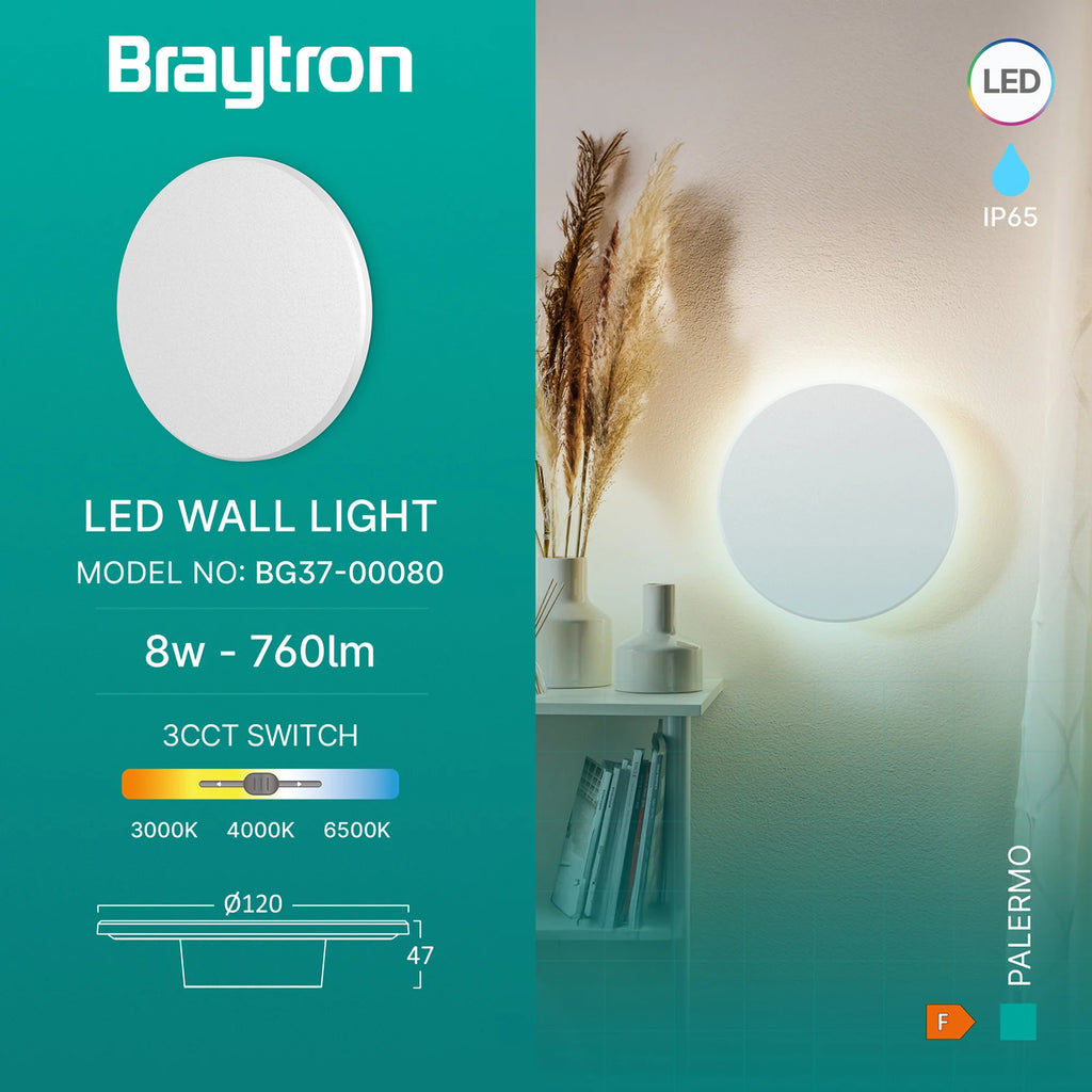 Braytron Palermo Wandlamp 8W IP65 Wit XS RND 3IN1