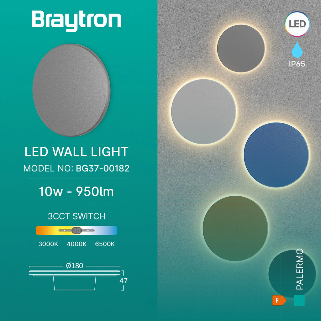 Braytron Palermo Wandlamp 10W IP65 Grijs S RND 3IN1