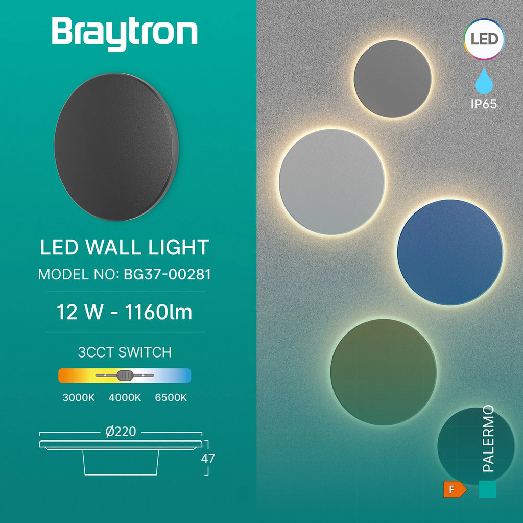 Braytron Palermo Wandlamp 12W IP65 Zwart M RND 3IN1