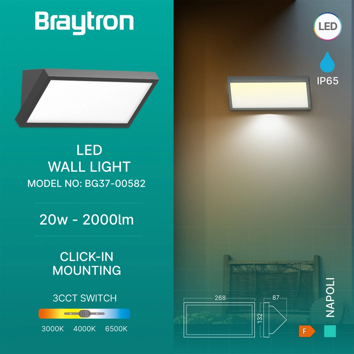 Braytron Napoli Wandlamp 20W IP65 M RND GREY 3IN1