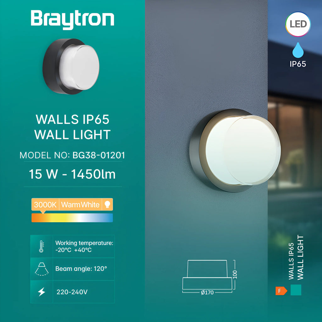 Braytron Walls Wandlamp 15W 3000K IP65 Zwart G2 RND