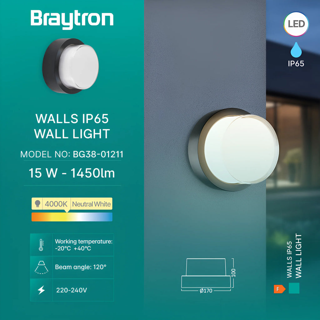 Braytron Walls Wandlamp 15W 4000K IP65 Zwart G2 RND