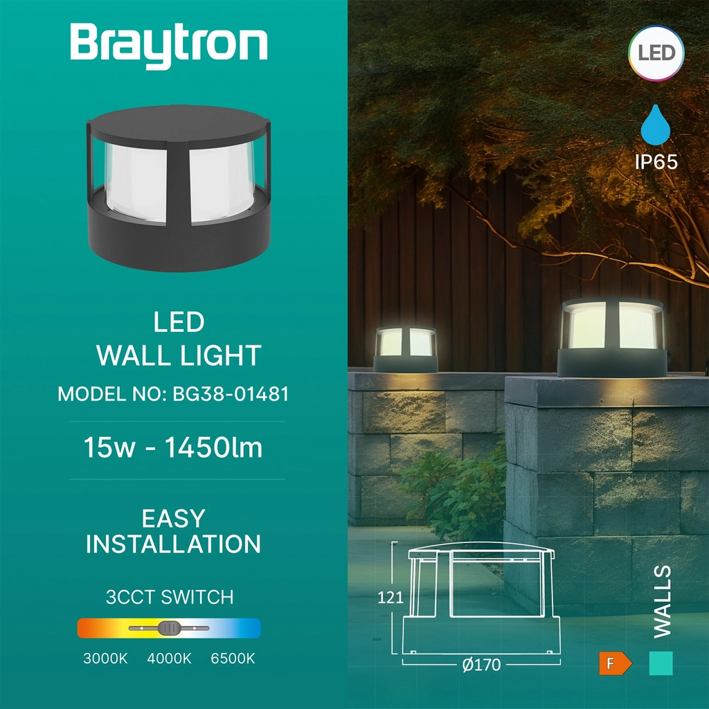 Braytron Walls Wandlamp 15W IP65 Zwart G1 RND 3IN1