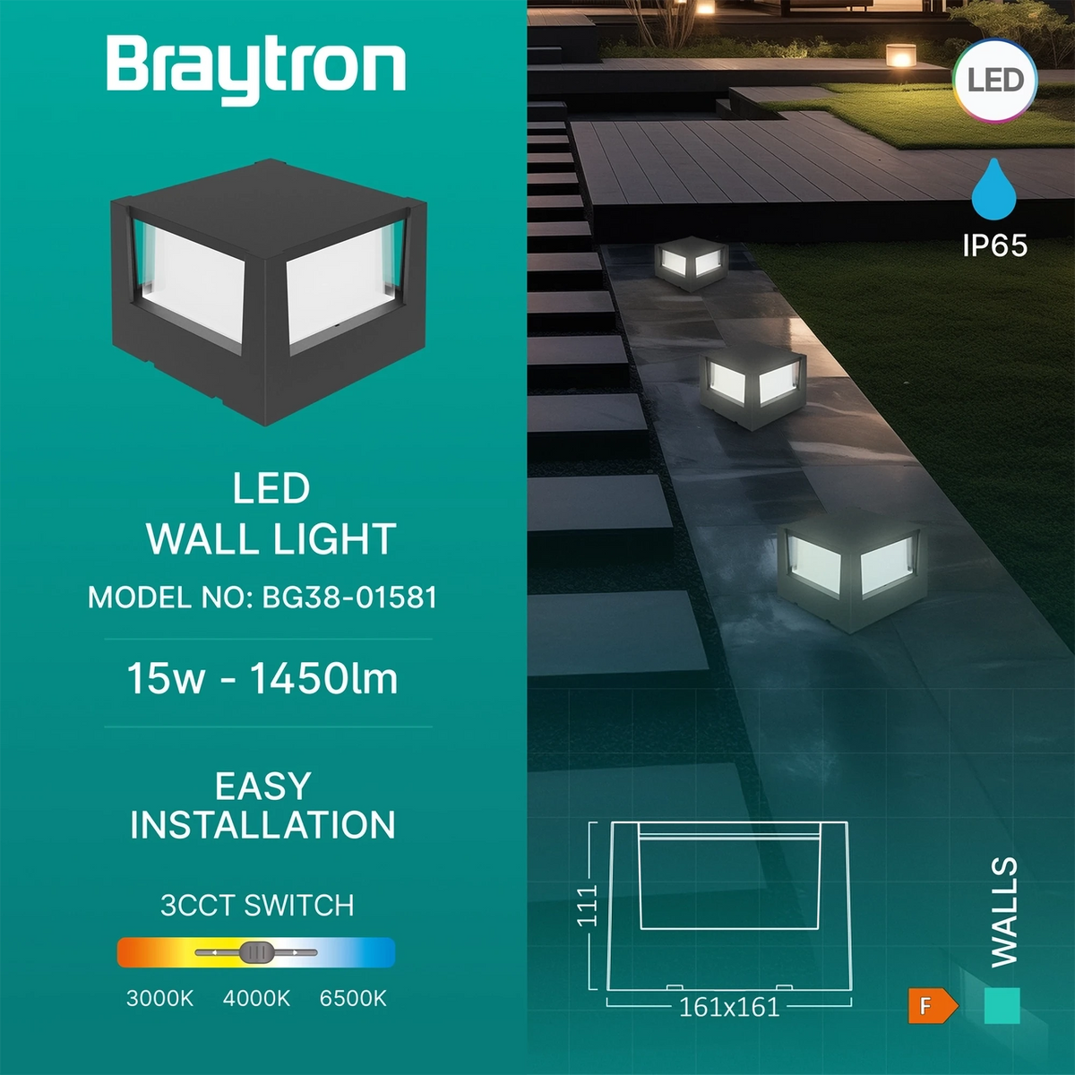 Braytron Walls Wandlamp 15W IP65 Zwart G1 SQR 3IN1