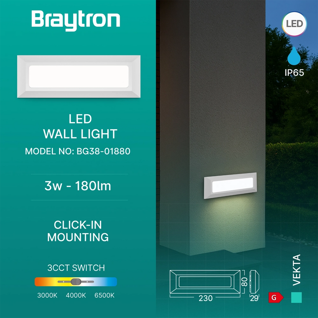 Braytron Vekta Wandlamp 3W IP65 Wit B RCT 3IN1