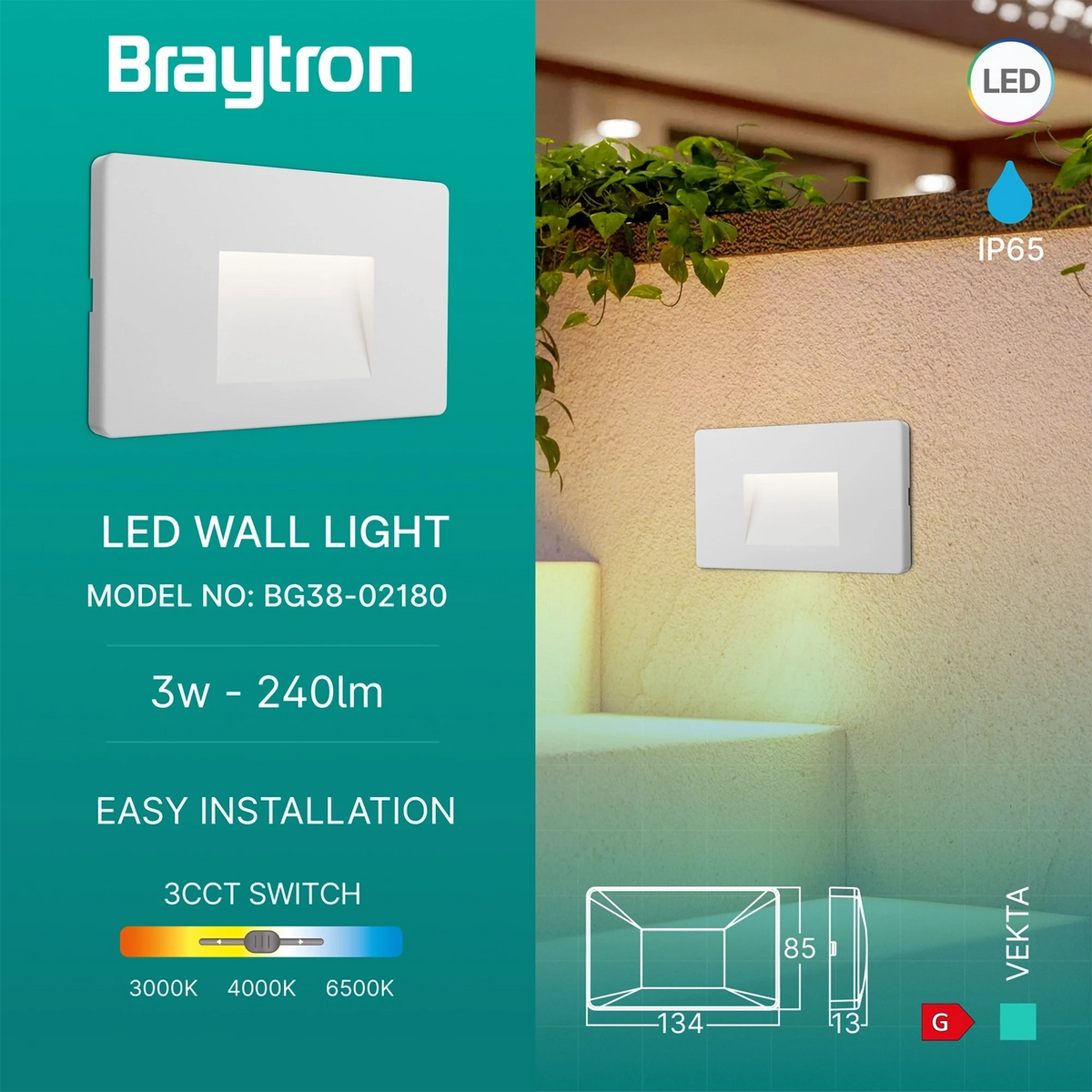 Braytron Vekta Wandlamp 3W IP65 Wit B SQR 3IN1