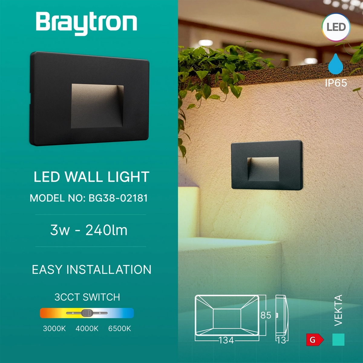 Braytron Vekta Wandlamp 3W IP65 Zwart B SQR 3IN1