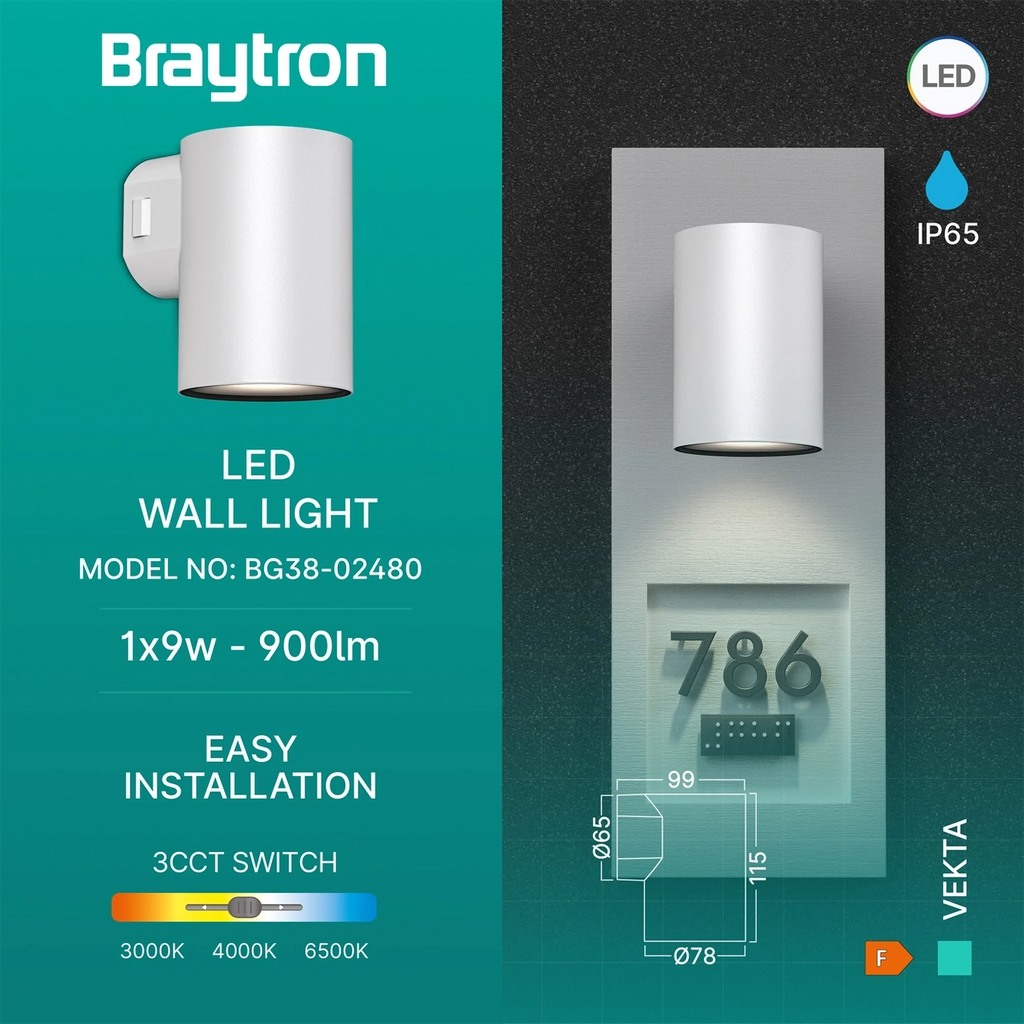 Braytron Vekta Wandlamp IP65 Wit D WL.1 1x9W 3IN1