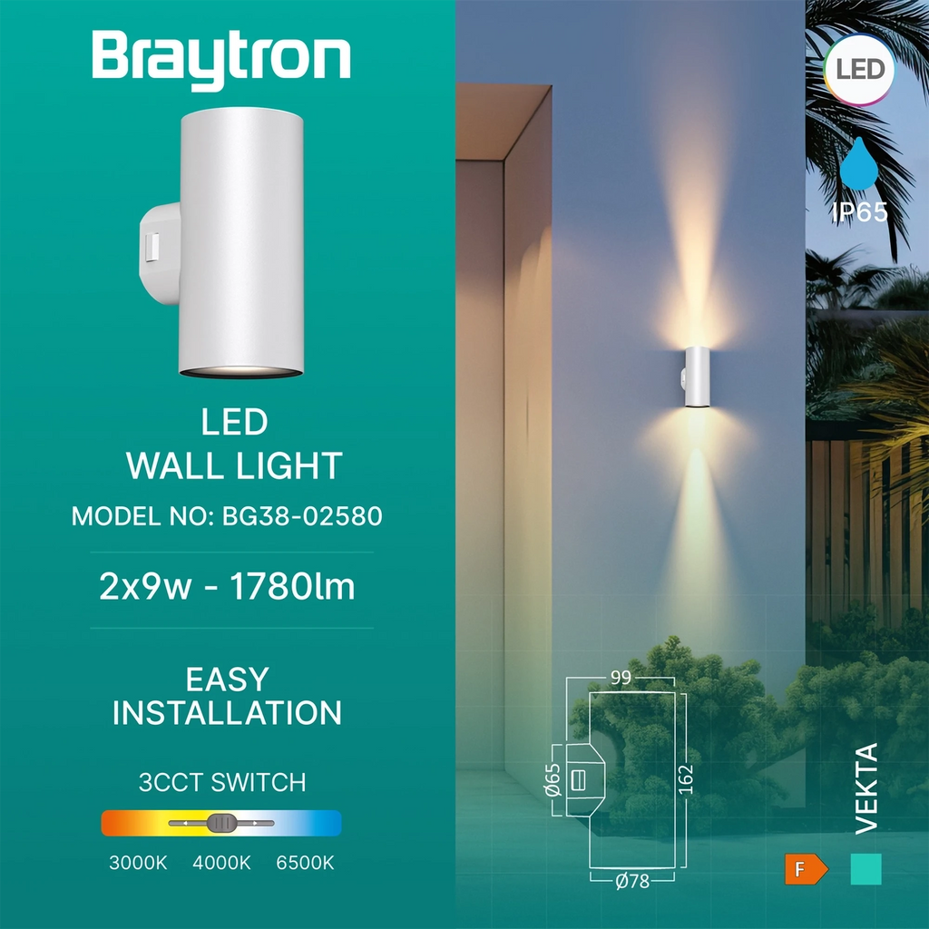 Braytron Vekta Wandlamp IP65 Wit D WL.2 2x9W 3IN1