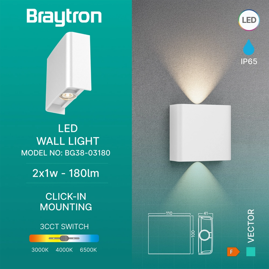 Braytron Vector Wandlamp IP65 Wit B WL 2x1W 3IN1