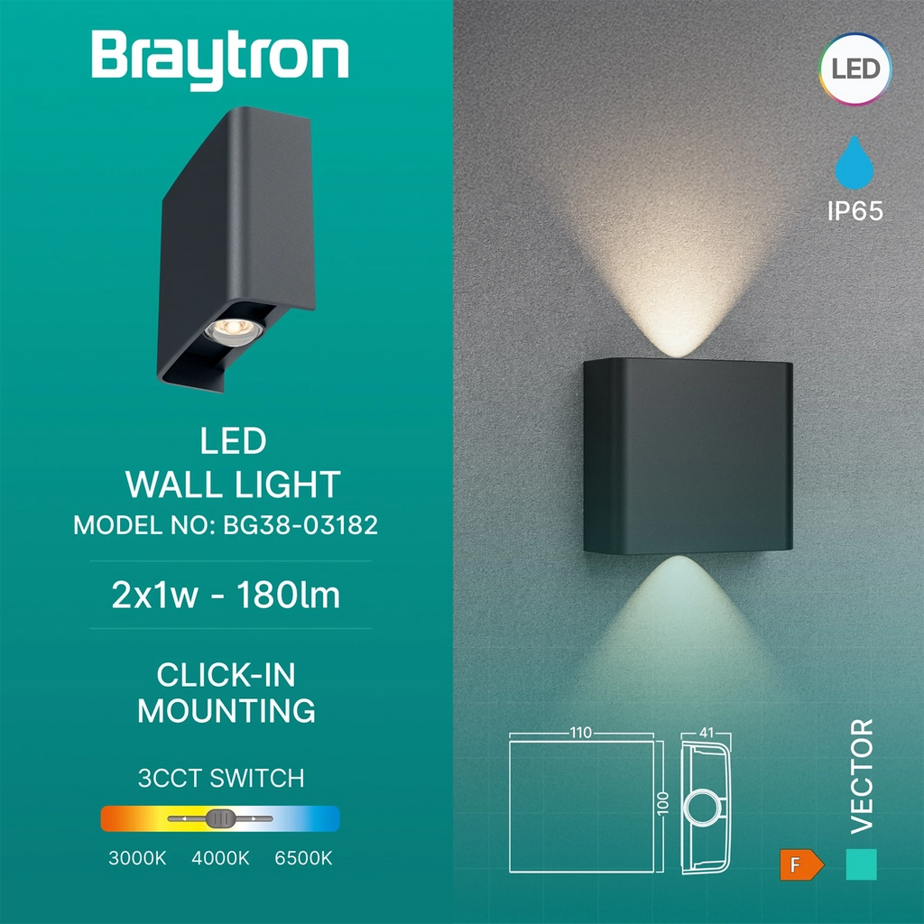 Braytron Vector Wandlamp IP65 Grijs B WL 2x1W 3IN1