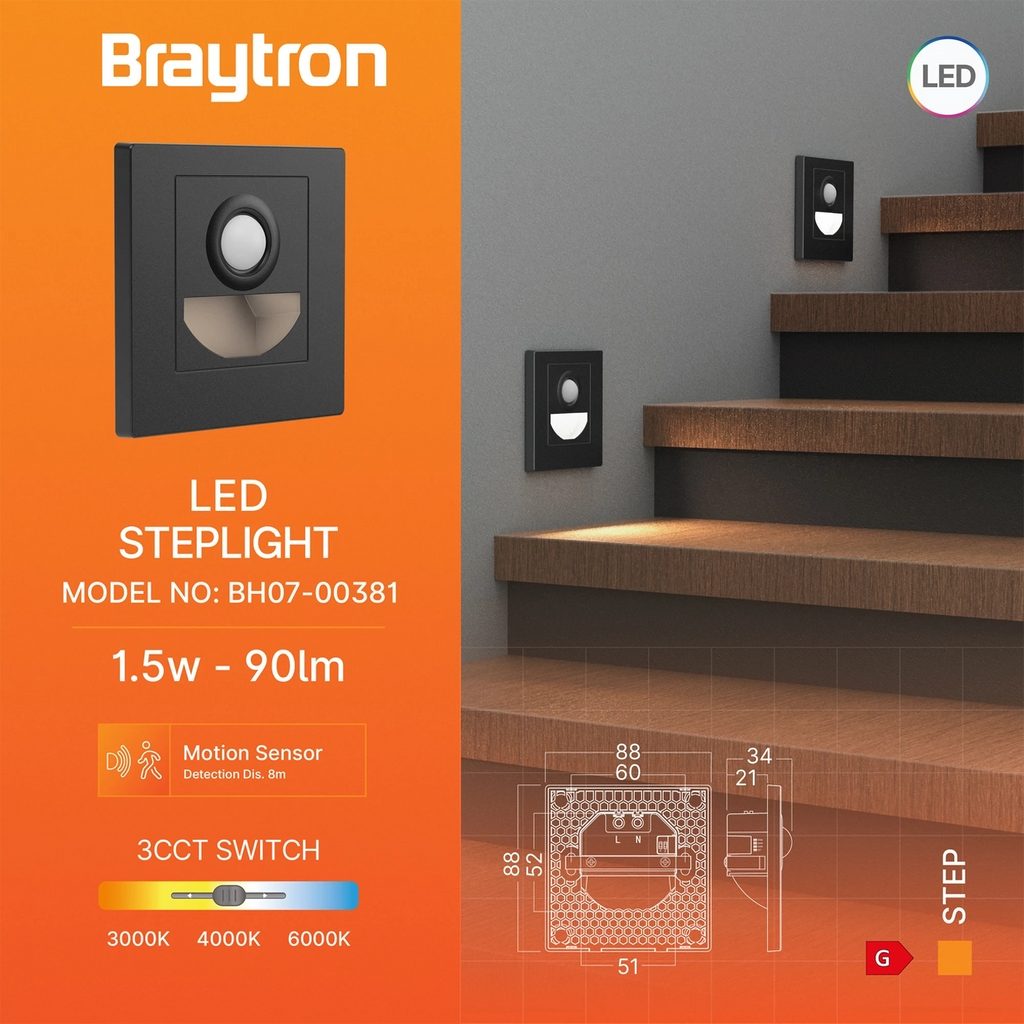 Braytron Step Trapverlichting Zwart BS SNS 1,5W 3IN1