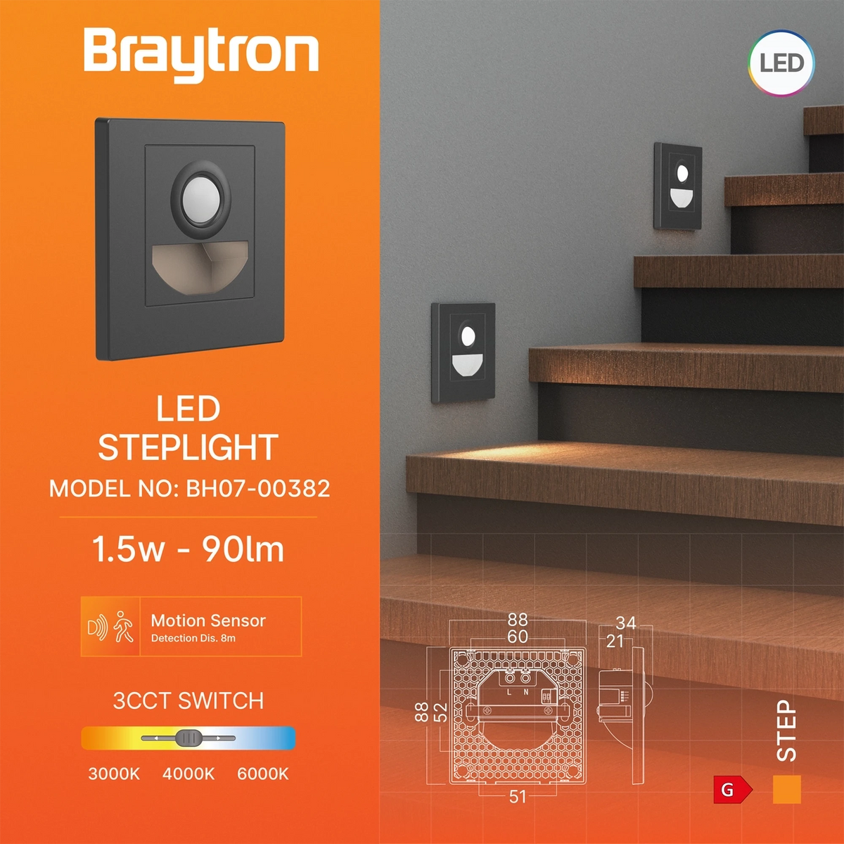 Braytron Step Trapverlichting Grijs BS SNS 1,5W 3IN1
