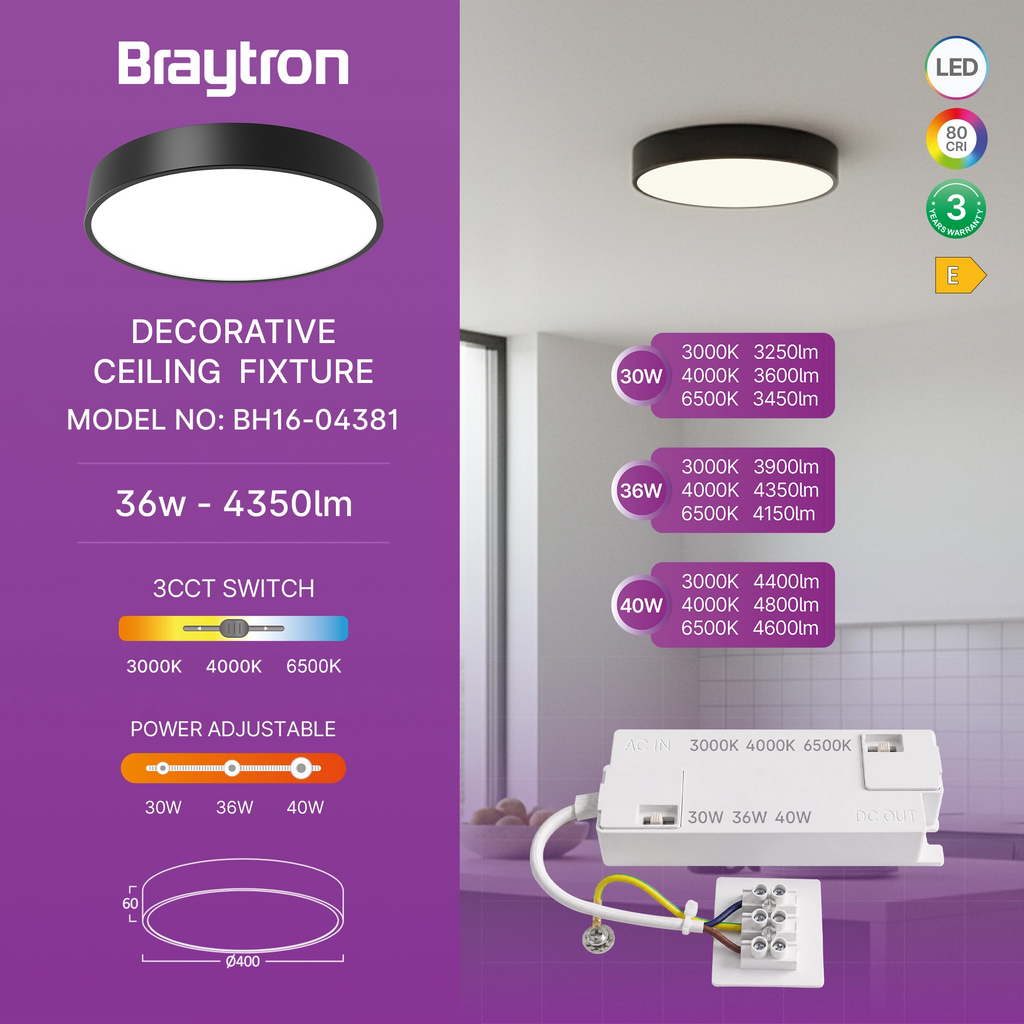 Braytron Blade Plafondlamp 36W Zwart SR RND 3IN1 WAT3