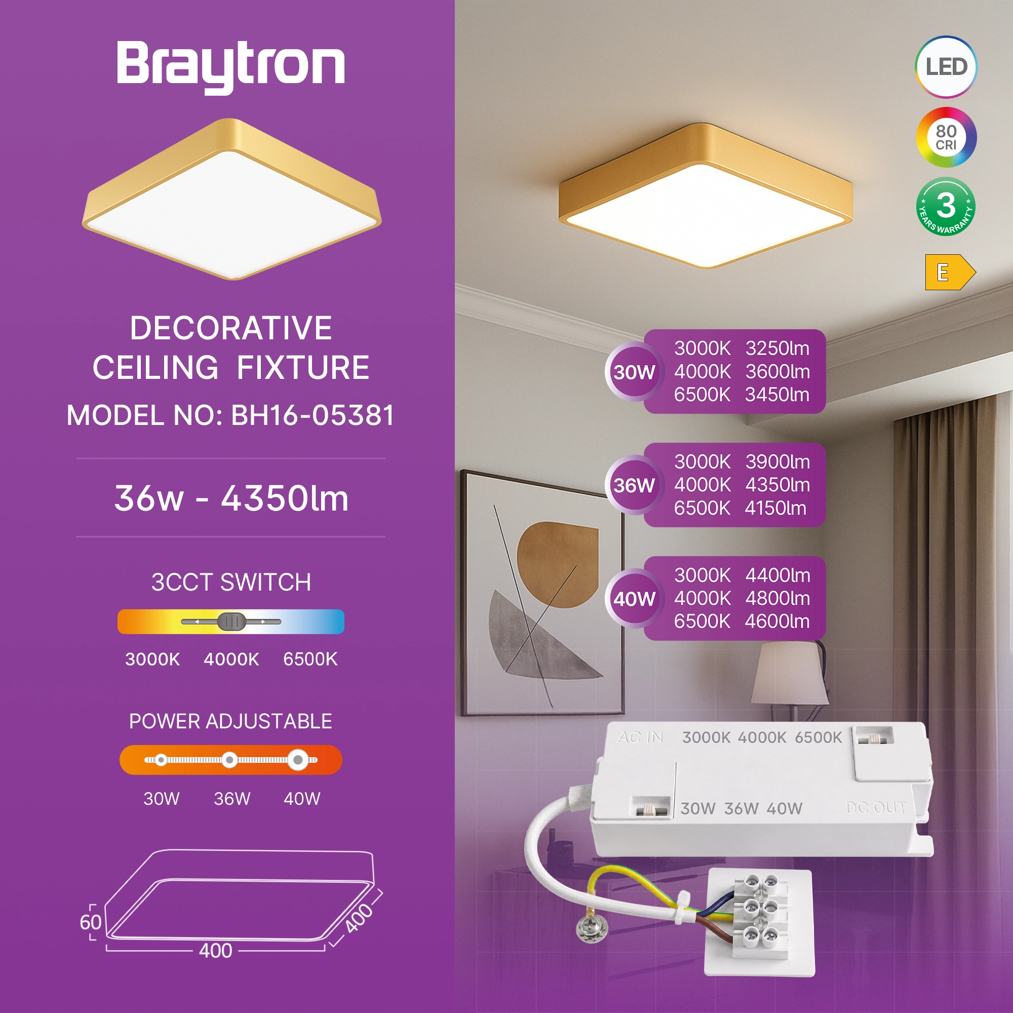 Braytron Blade Plafondlamp 36W Goud SS SQR 3IN1 WAT3