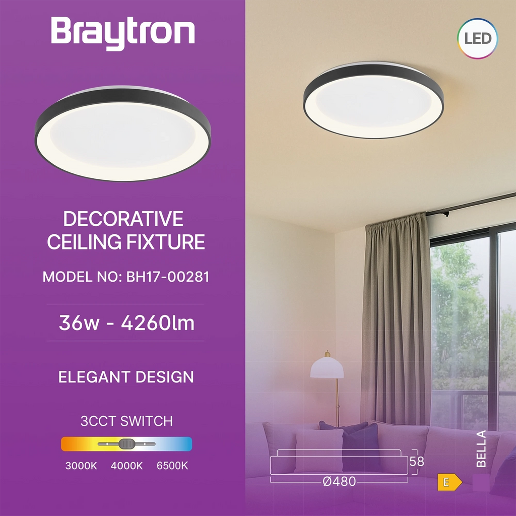 Braytron Bella Plafondlamp 36W IP20 Zwart SLS SR RND 3IN1