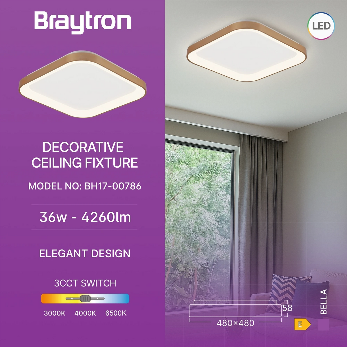Braytron Bella Plafondlamp 36W IP20 Goud SLS SR SQR 3IN1