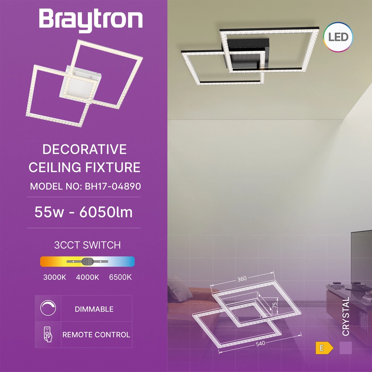 Braytron Crystal Plafondlamp 55W Wit A 3IN1 RMT