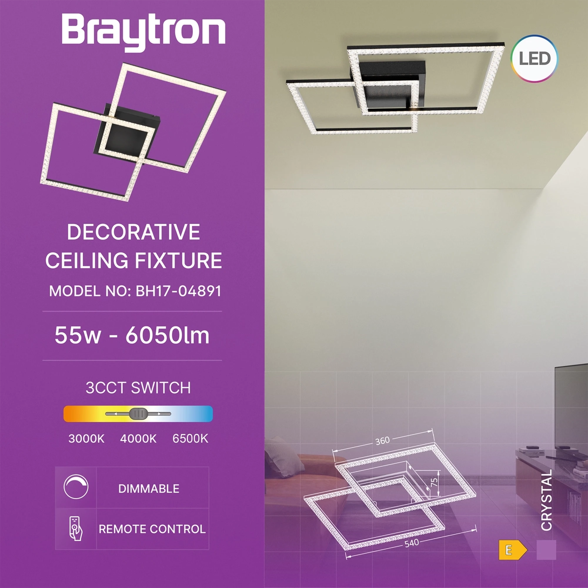 Braytron Crystal Plafondlamp 55W Zwart A 3IN1 RMT